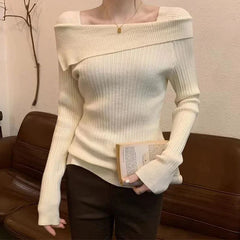 pantsparadises trashy outfits Solid Sexy Slim Off Shoulder Slash Neck Long Sleeve Knitting Sweater  Women Jumpers Office Fashion New