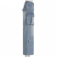 pantsparadises Fashion High Waist Multiple Pockets Splicing Straight Jeans Women Work Style Casual Denim Pants Female Loose Three-part Trousers