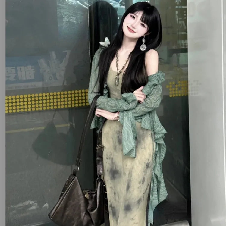 pantsparadises New Chinese Style Halo Dyeing Slim Fit Camisole Dresses+ Y2k Ruffles Long Sleeve Green Cardigan Spring Two Piece Sets