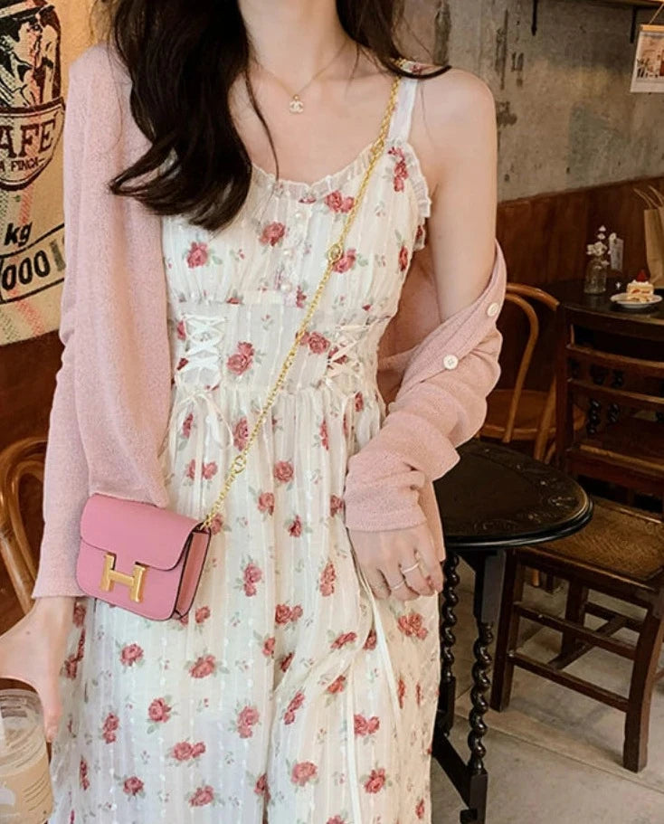 pantsparadises Floral Elegant Slip Dress Women Belt Designer Korean Fashion Party Dress Female Casual Vintage Chic Summer One-piece Dress