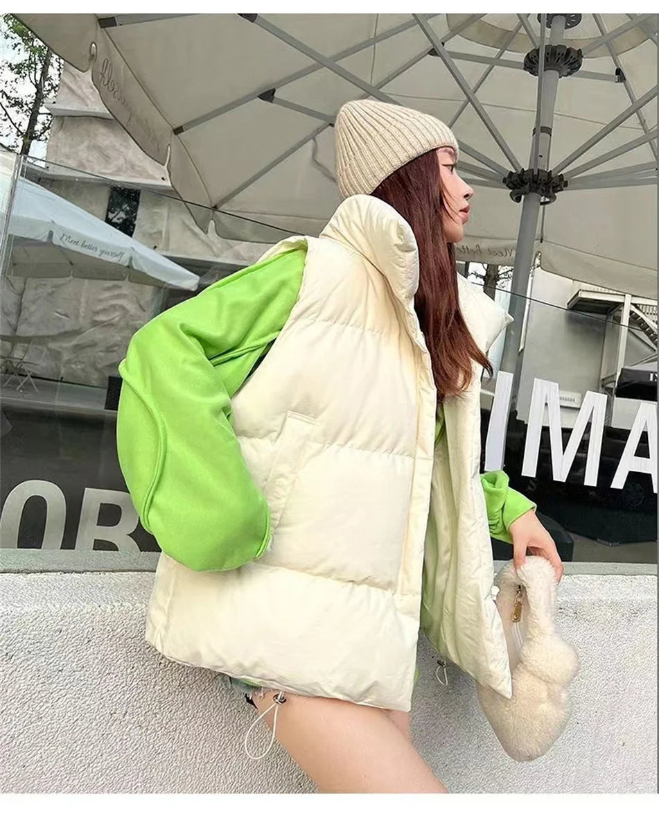 pantsparadises cold weather outfits Women Fashion Autumn New Stand Collar Elegant Down Coats Warm Outerwear Casual Belt Sleeveless Winter Women Vests Jackets