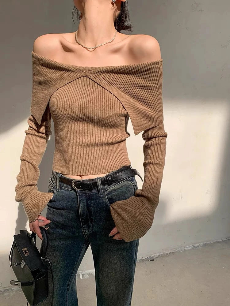 pantsparadises Autumn Winter Women Sweaters Casual Long Sleeve Knitted Pullover Sweater Basic Solid Sexy Off Shoulder Crop Top Fashion Clothes