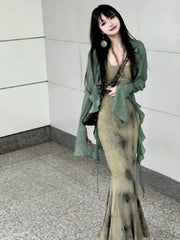 pantsparadises New Chinese Style Halo Dyeing Slim Fit Camisole Dresses+ Y2k Ruffles Long Sleeve Green Cardigan Spring Two Piece Sets