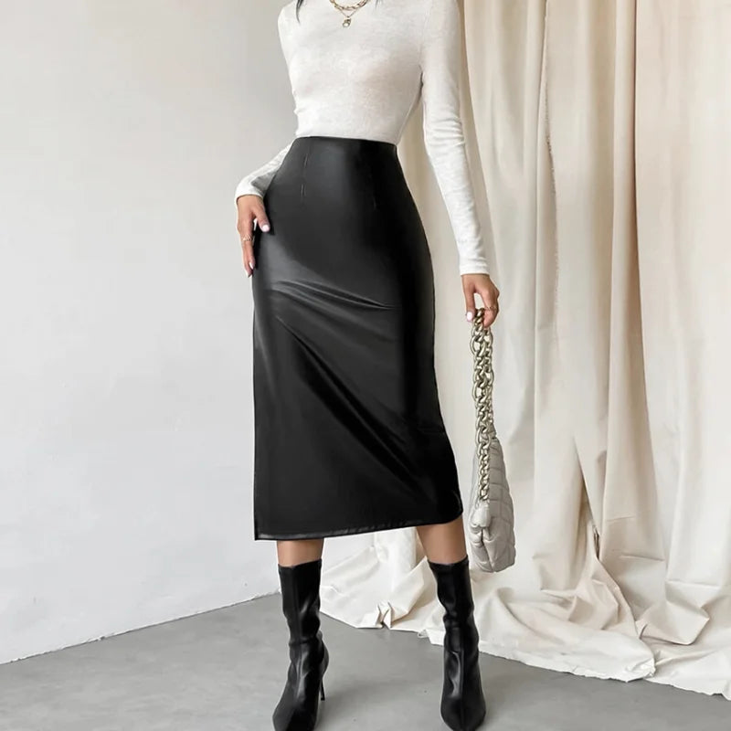 pantsparadises Black Leather Skirts Women Fashion High Waist PU Long Skirt Splits Streetwear Autumn Female Elegant Solid Office Casual