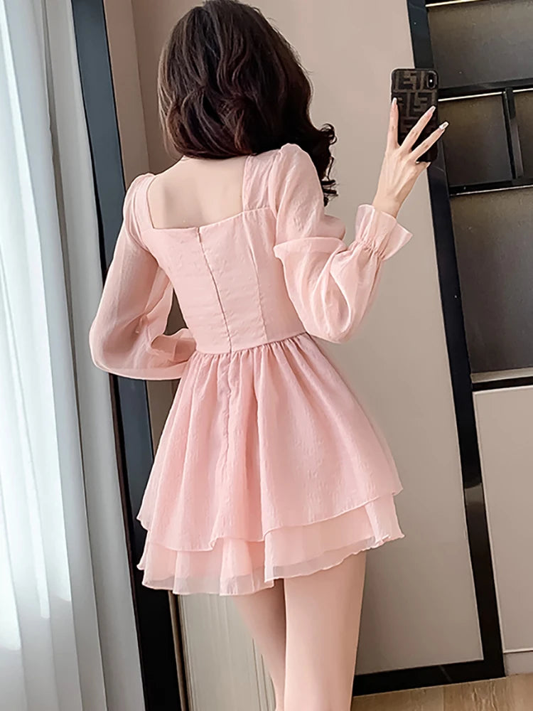 pantsparadises Women Pink Patchwork Chiffon Chic Ruffled Short Dress Spring Elegant Diamonds Kawaii Dress 2024 Korean Fashion Bodycon Vestidos