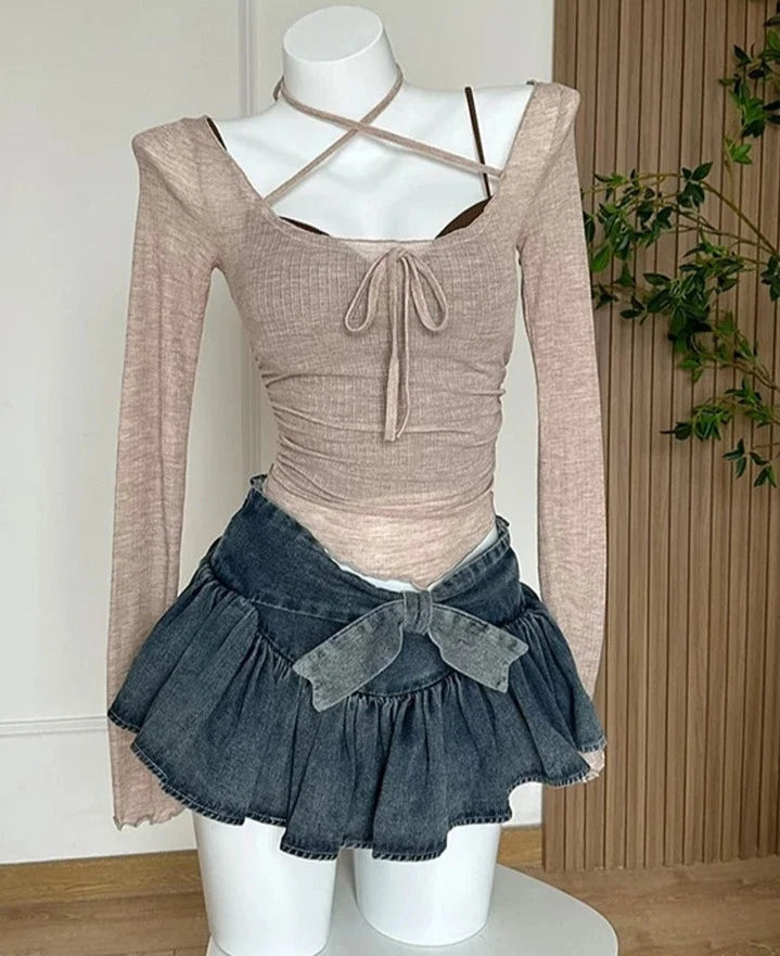 pantsparadises A-line Women Denim Blue Jean Skirts Shorts Summer Bow Hot Girls Mini Skirt Streetwear Sexy Y2k Irregular Kawaii Coquette