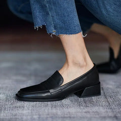 pantsparadises Shoes for Woman Low Heel Elegant Women's Summer Footwear Black Loafers Normal Leather Casual Square Toe with Discount Chic