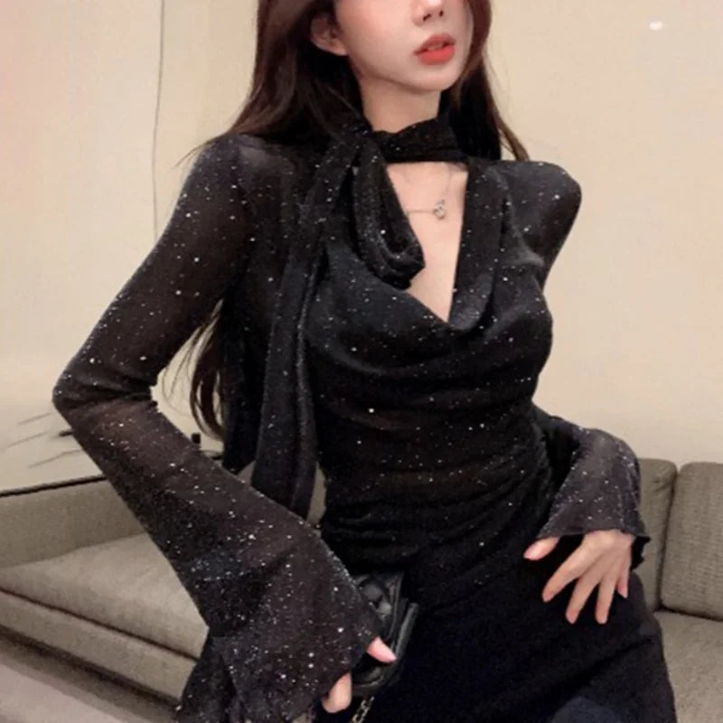 pantsparadises y2k Mesh Shirt Women Party Glitter See Through Cowl Neck Long Sleeve Tops 2000s Aesthetic Clothing Club Streetwear