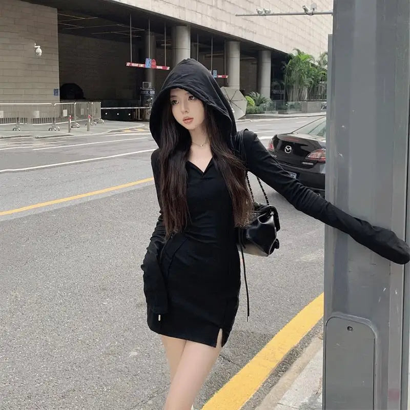 pantsparadises Spring Autumn Fashion New Korean Style Soft Girl Tight Sexy Wrapped Hip Skirt Women's Hooded Long Sleeved Solid Color Dress