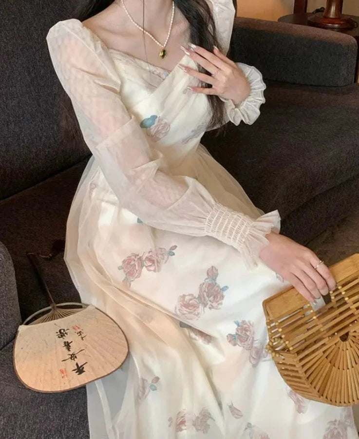 pantsparadises Mesh Vintage Long Sleeve Midi Dress Women Casual Korean V-neck Long Fairy Dresses Elegant Women's Dresses for Party 2024 Spring