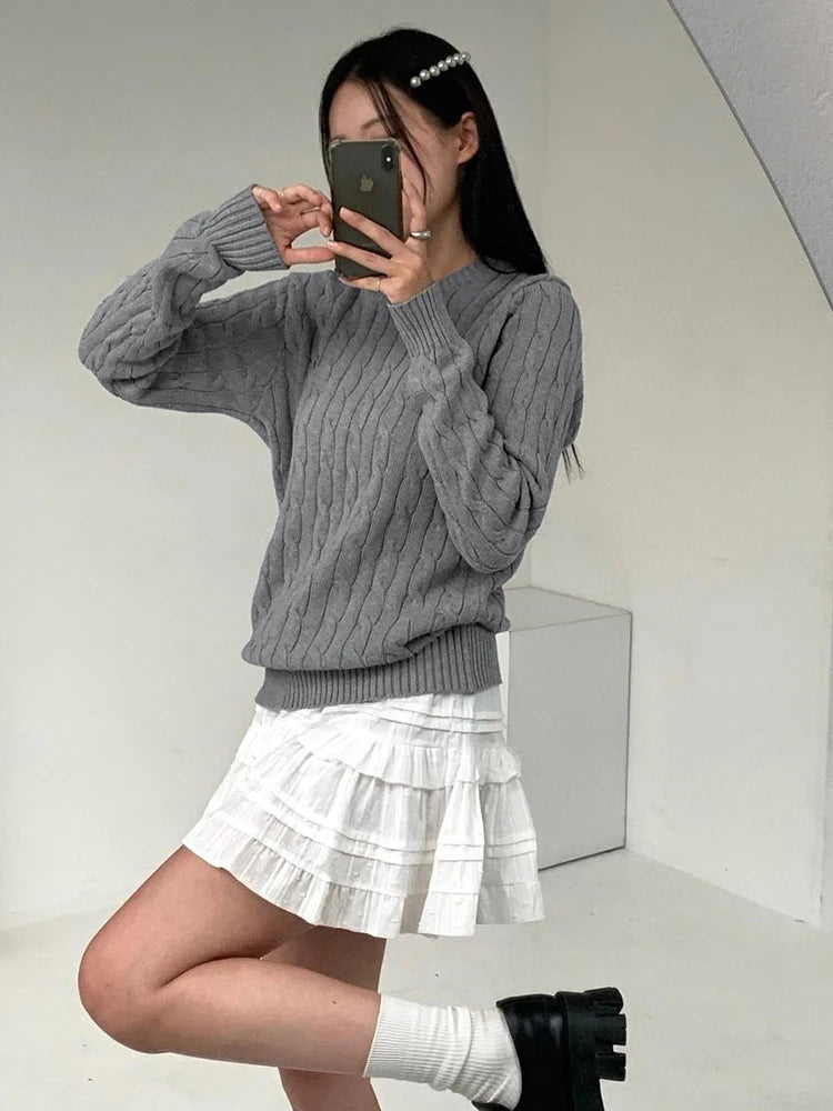 pantsparadises BACK TO SCHOOL OUTFIT Harajuku Gray Casual Sweater Y2K Knitted Long Sleeve Autumn Sweaters for Women Vintage Crew Neck Basic Jumper Korean