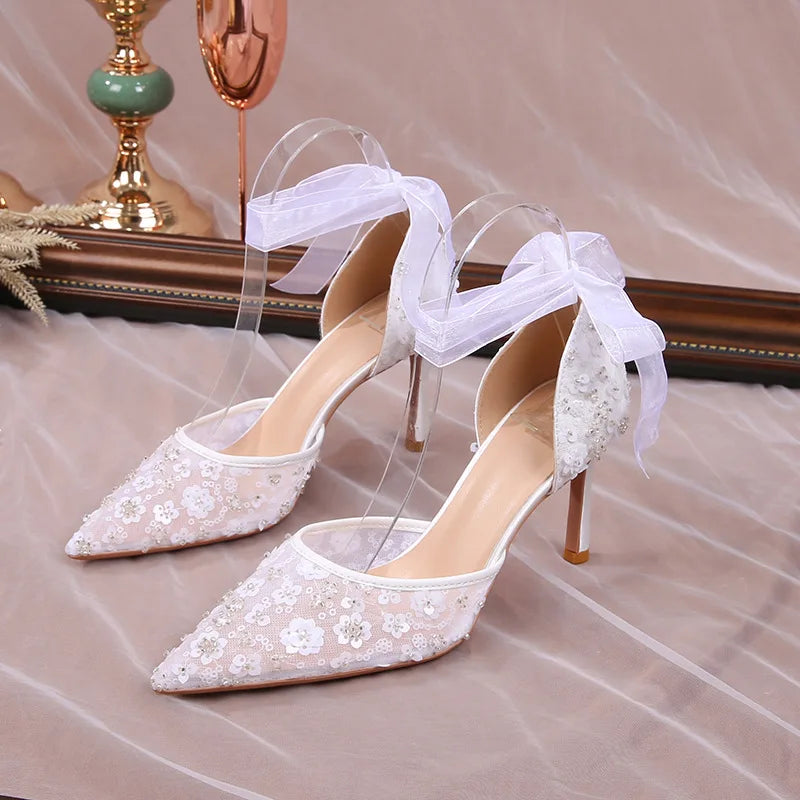 pantsparadises Size 33-42 Summer Beaded Women White Wedding Shoes Ankle Strap Pointed High Heel Pumps