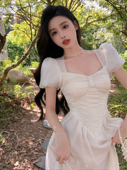 pantsparadises DRESS TO IMPRESS Elegant Korean Fairy Dress Women White Sweet Puff Sleeve Casual Dress Female Court Vintage Party Midi Dress 2024 Summer Fashion