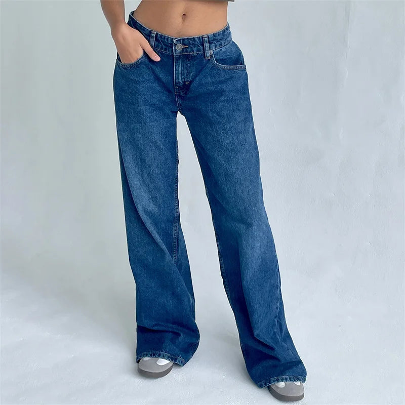 pantsparadises y2k Jeans Women Clothes Fashion Solid Color Low Waist Waist Wide Leg Denim Pants Trousers with Pockets 2000s Streetwear