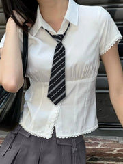 pantsparadises Style Casual Solid Lace Trim Blouse Slim Turn Down Collar Short Sleeve Shirts Women 2024 Summer Fashion Ladies