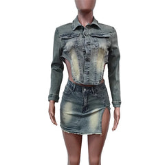 pantsparadises Women Vintage Denim 2 Piece Sets Long Sleeve Short Jackets Female Casual Suits Side Split Hem Ultra-short Skirt Trend Streetwear