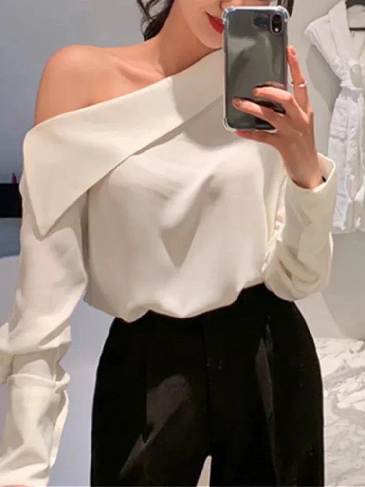 pantsparadises FALL OUTFITS Elegant Women Sexy Korean One Black Top Spring Summer Leisure Versatile Women's Off The Shoulder Long Sleeved White Blouses