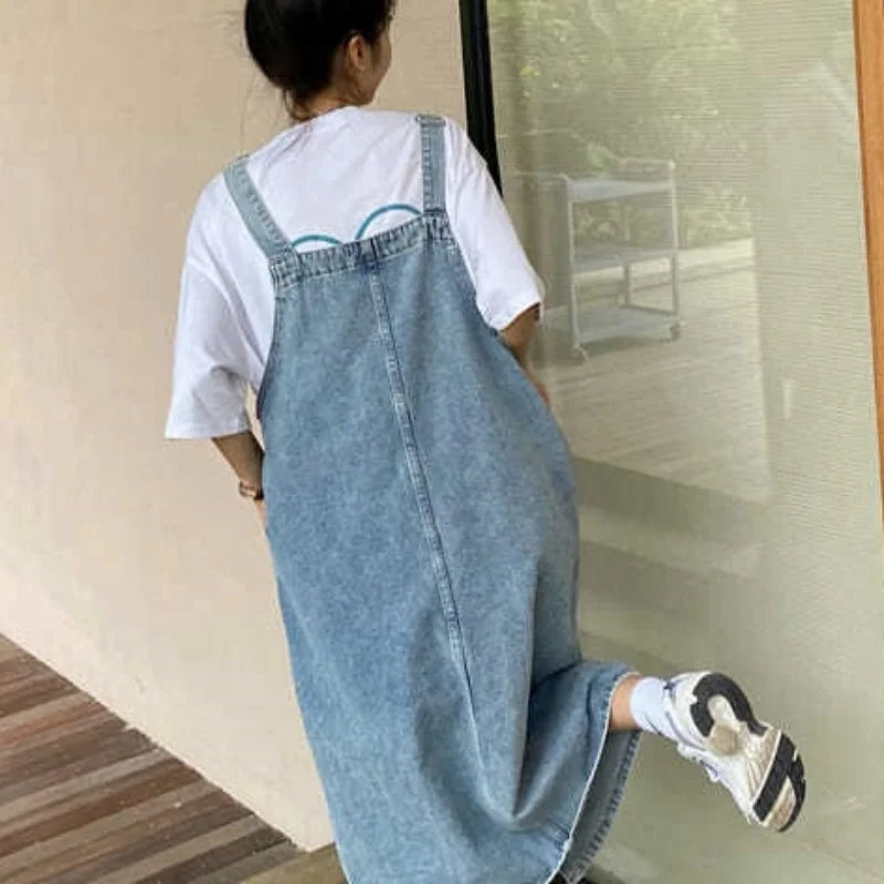 pantsparadises Spring Summer Denim Overall Dress Women Sleeveless Jeans Dresses Fashion Female Solid Slip Casual Loose Spaghetti Strap Dresses