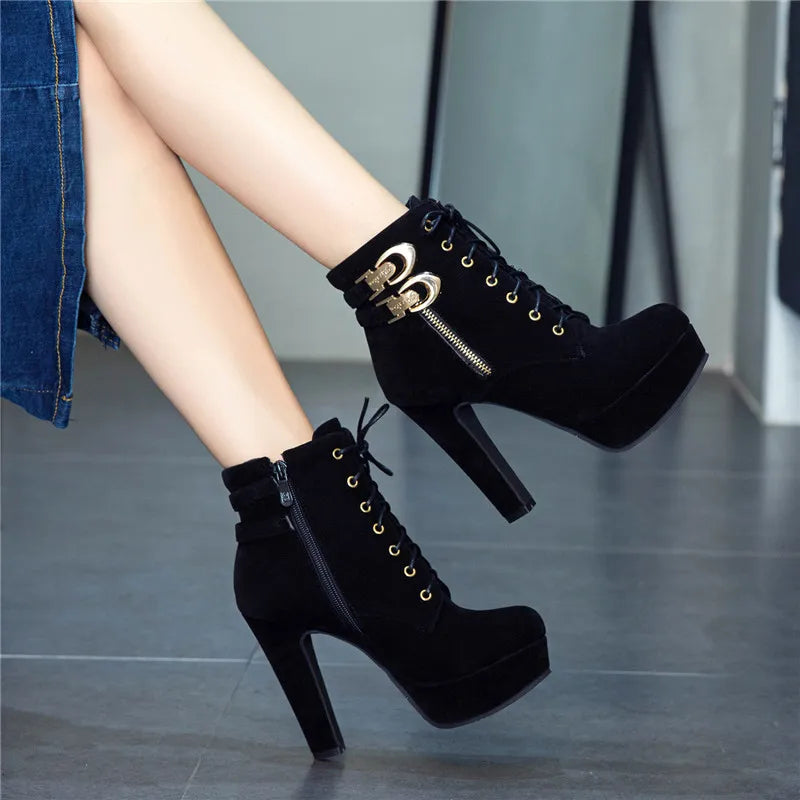 pantsparadises New Autumn Ankle Boots for Women Platform High Heels Shoes Woman Buckle Short Booties Casual Faux Suede Footwear