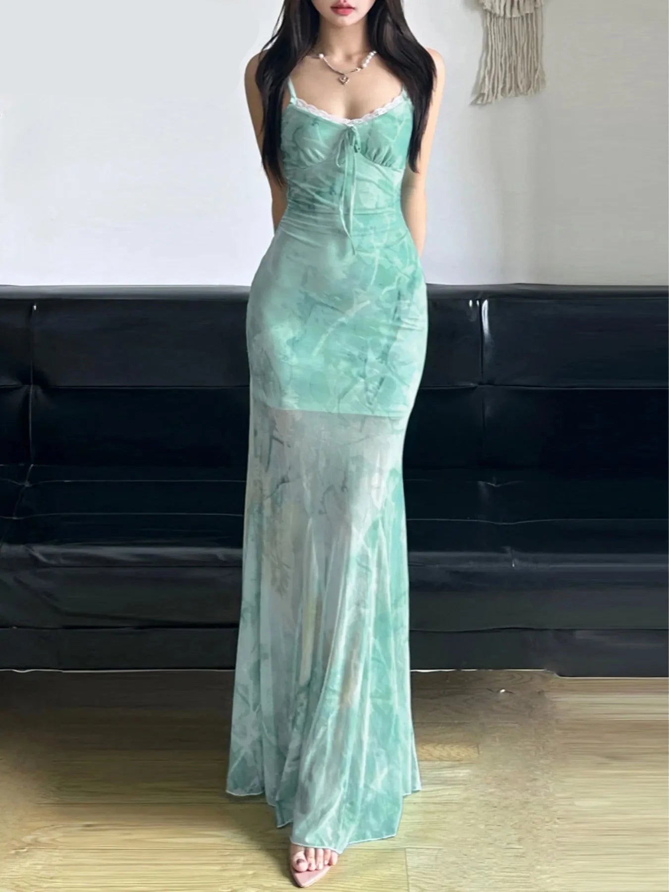 Y2K Mesh Printed Long Evening Dress Fashion Backless Fishtail Dresses One-piece Pretty Elegant Party Gown New in Dress