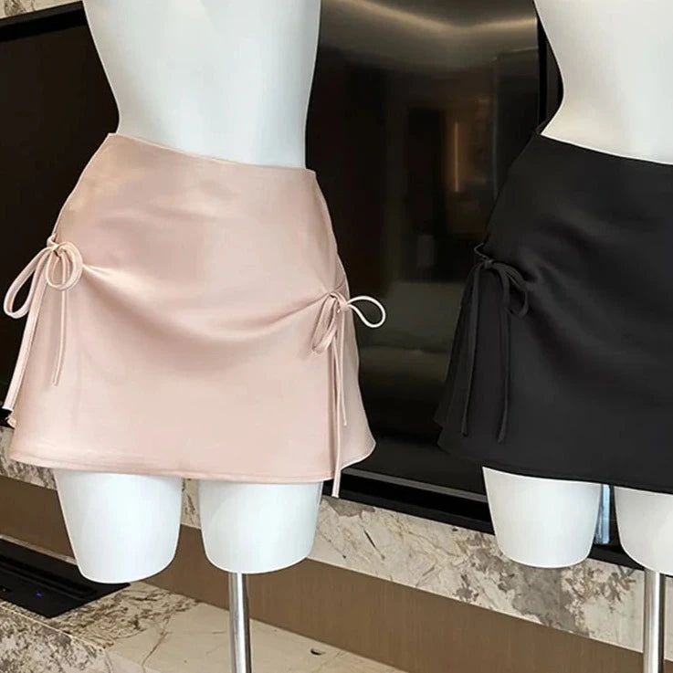 Fashion Satin Mini Skirt Women Cozy Bottoms High Waist Sexy Hot Girl Korean A-Line Skirt Bow Streetwear Clothes American Retro