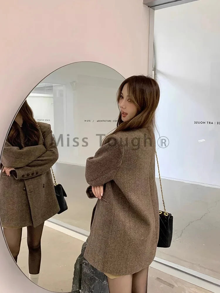 pantsparadises Elegant Reversible Cashmere Coat Women's Autumn Winter Short New Loose Jackets Korean Chic Woolen Blazer Clothes Streetwear