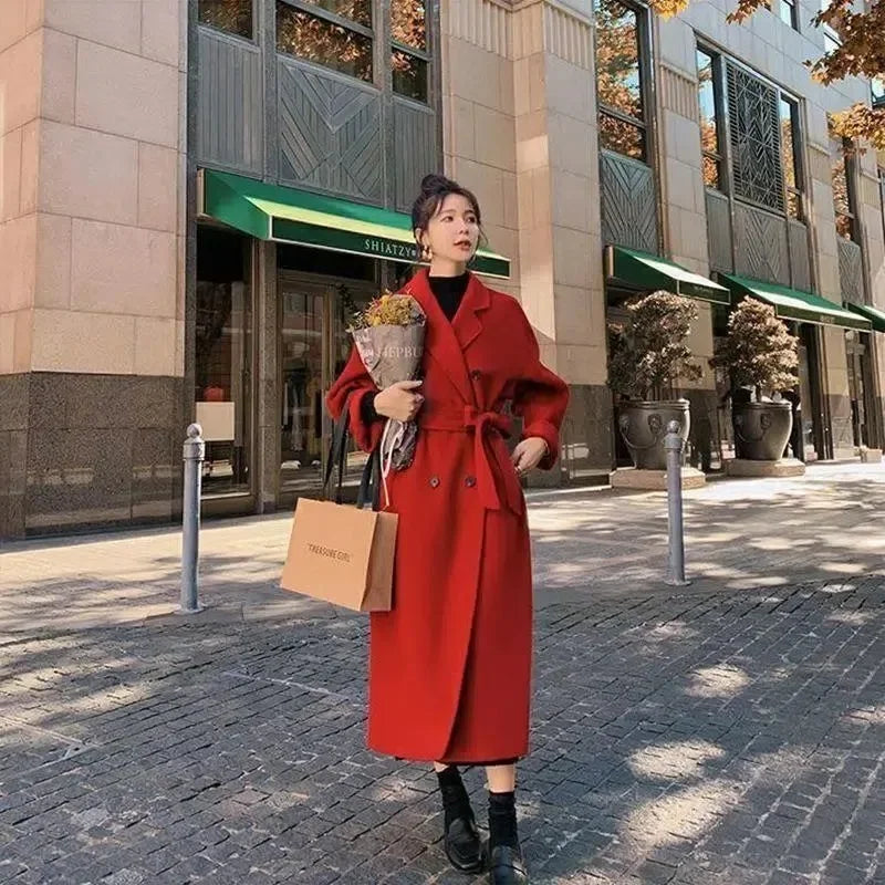 pantsparadises New Large Size Hepburn Style Red Woolen Coat for Women Autumn and Winter Fat Mm Loose Long Thick Woolen Coat