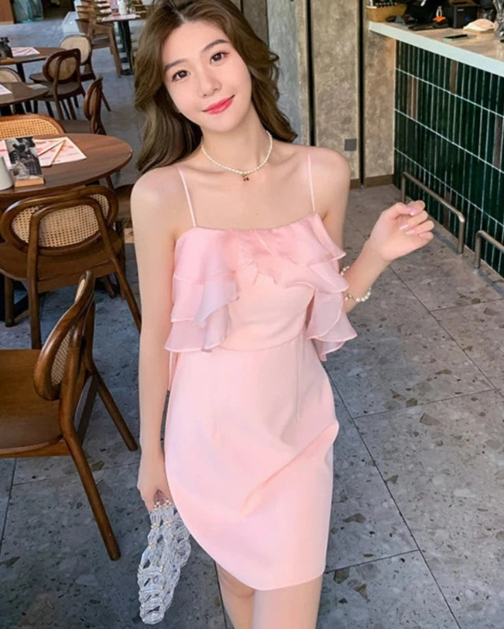 pantsparadises DRESS TO IMPRESS Pink Sweet Fairy Dress Women Ruffles Design Sexy Party Mini Dress Female Spring Elegant Princess Casual Korean Strap Dress