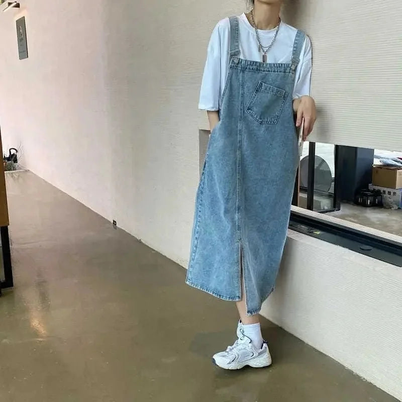 pantsparadises Spring Summer Denim Overall Dress Women Sleeveless Jeans Dresses Fashion Female Solid Slip Casual Loose Spaghetti Strap Dresses