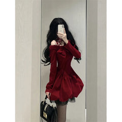 pantsparadises Vintage Bow Mini Dress Women Y2K Sexy Slash Neck Red Velvet Dresses Winter Kawaii Christmas Party Bodycon A Line Vestidos