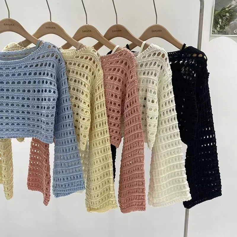 pantsparadises Long Sleeve Crochet Knit Top Summer Beach Bikini Cover Up Crop Pullover Wool Knitwear Blouse Women Vacation Boho Outfit