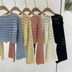 pantsparadises Long Sleeve Crochet Knit Top Summer Beach Bikini Cover Up Crop Pullover Wool Knitwear Blouse Women Vacation Boho Outfit