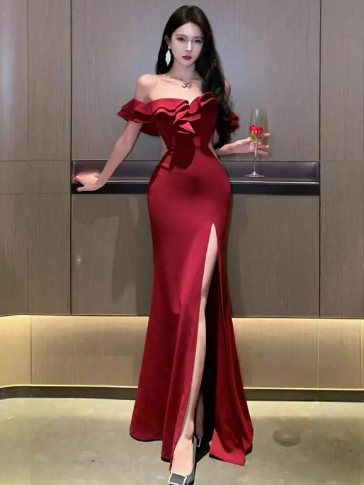 pantsparadises DRESS TO IMPRESS Red Sexy Club Backless High Split Ruffles Wrapped Hip Dress Elegant Luxury Off Shoulder Party Evening Dresses Women Summer