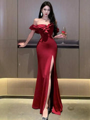 pantsparadises DRESS TO IMPRESS Red Sexy Club Backless High Split Ruffles Wrapped Hip Dress Elegant Luxury Off Shoulder Party Evening Dresses Women Summer