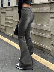 pantsparadises Women Flare Stretch Moustache Jeans Fashion Skinny Bell Bottom High Waist Gray Denim Pants Lady Classic Y2K Punk Long Trousers