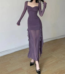 pantsparadises Winter Party Queen Purple Mature Sexy Beautiful Confident Elegant Graceful Women'S Translucent Thin Straight Dress