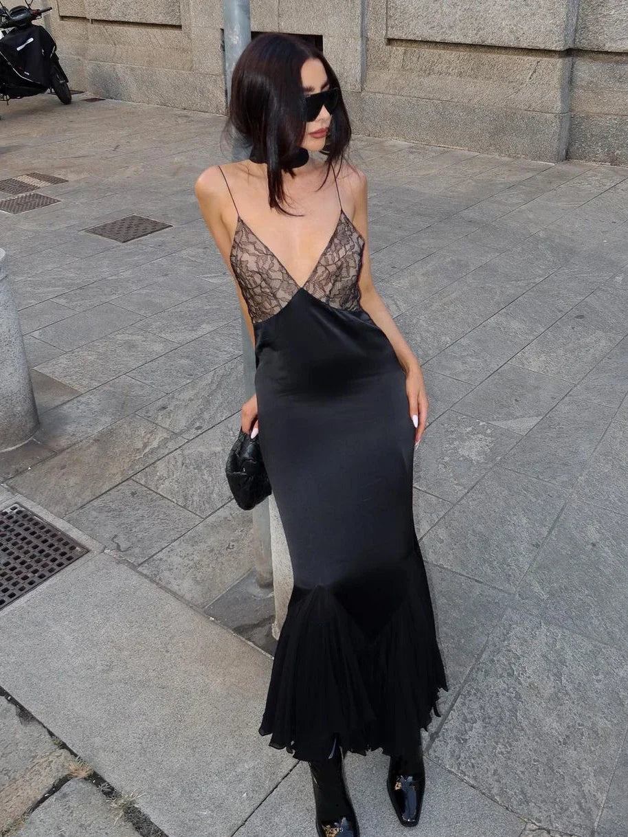 pantsparadises DRESS TO IMPRESS Female Mesh Lace Halter Dresses Patchwork Backless Slim Sexy Fashion V-Neck Spaghetti Maxi Dress Women Printed Long Dress