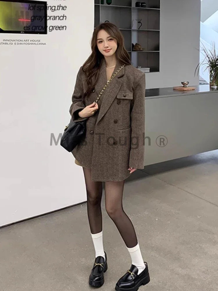 pantsparadises Elegant Reversible Cashmere Coat Women's Autumn Winter Short New Loose Jackets Korean Chic Woolen Blazer Clothes Streetwear