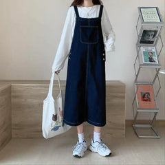 pantsparadises Spring Summer Denim Overall Dress Women Casual Sleeveless Jeans Dresses Fashion Solid Split Loose Spaghetti Strap Dresses Girls