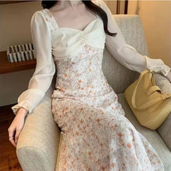 pantsparadises Vintage Floral Trumpet Dress Women French Sweet Long Sleeve Fairy Midi Dress Female Autumn Evening Elegant Princess Dresses