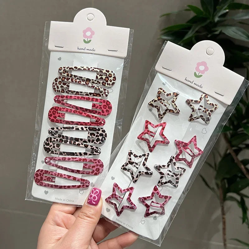 8pcs/set Leopard Print Hair Clips for Women Girls Vintage Geometric Star BB Clips Bangs Hairpins Barrettes Hair Accessories Set