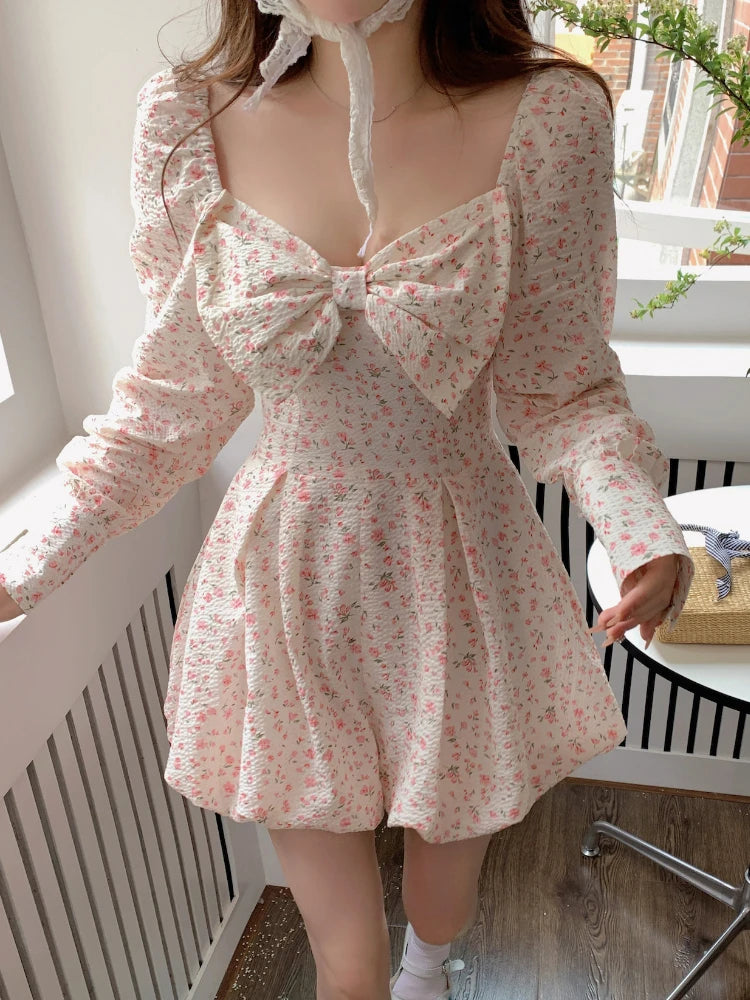 Japanese Sweet Floral Lolita Dress Women Bow Chic Elegant Beach Party Dresses Ladies Y2k Pink Kawaii Summer One-piece Dress