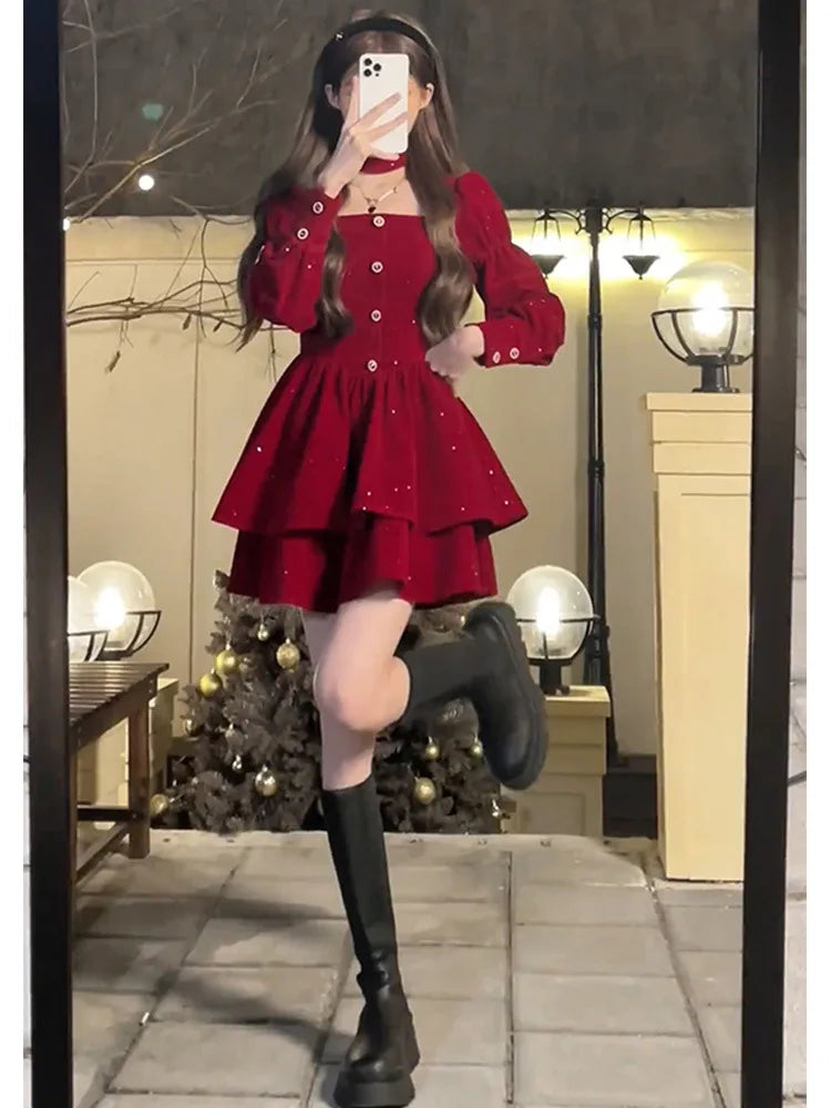 pantsparadises Christmas Red Dress Female Hepburn Style Temperament Long Sleeved Slim Velvet French Dress Autumn Winter Sweet Holiday Outfit