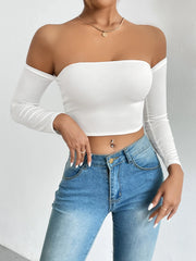 pantsparadises Off Shoulder Crop T-Shirt, Casual Long Sleeve Top For Spring & Fall, Women's Clothing