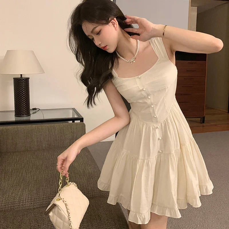 pantsparadises DRESS TO IMPRESS Women Beige Dress Sexy Sweet Elegant Backless Ruffle Edge Mini Skirt Fashion Square Collar Lady Pleated Short Dresses Summer