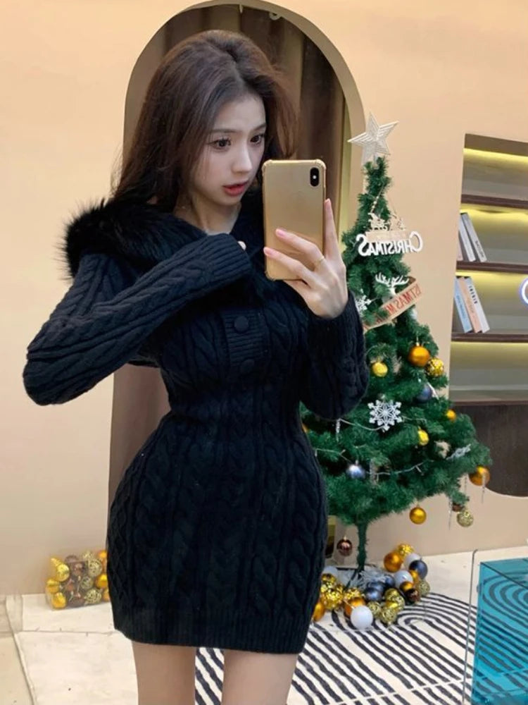 pantsparadises Winter Knitted Sweater Dress Hooded Women Slim Bodycon Y2k Mini Dress Faux Fur Female One Piece Dress Korean Elegant