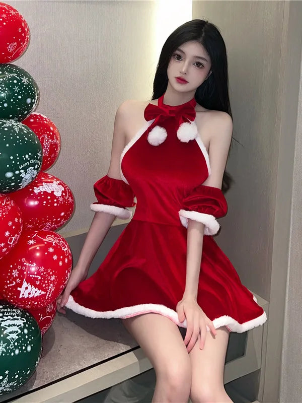 pantsparadises Sexy New Year Christmas Red Spicy Girl Plush Sex Mini Dress Girl Hot Sexy Korean Women Spice Girls Uniform New Top