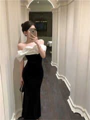 pantsparadises DRESS TO IMPRESS Mermaid Dresses Women Sexy Slash Neck Off Shoulder Ruffles Patchwork Elegant Slim Evening Party Dress Female Backless Vintage