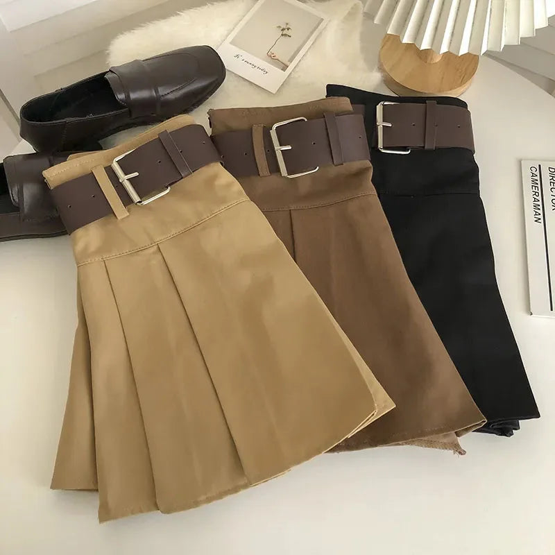 pantsparadises High Waist with Belt Pleated Skirts Women Y2K Summer Korean Streetwear Mini Skirt Female Solid Preppy All Match A Line Skirt New