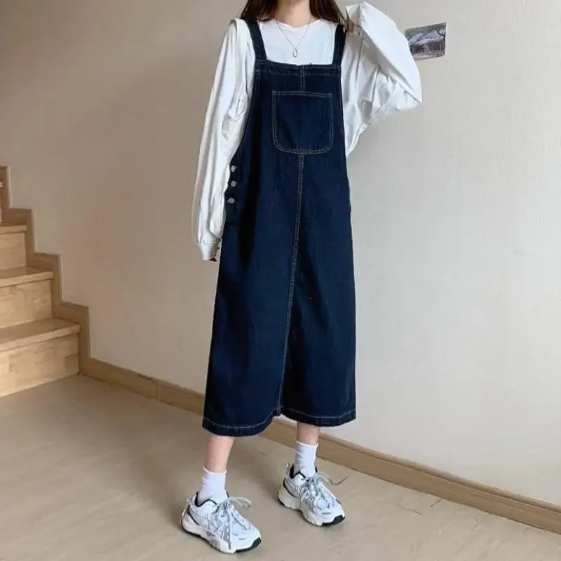 pantsparadises Spring Summer Denim Overall Dress Women Casual Sleeveless Jeans Dresses Fashion Solid Split Loose Spaghetti Strap Dresses Girls